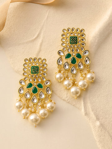 Karatcart Gold Plated Green and Pearl Studded Kundan Dangler Earrings for Women