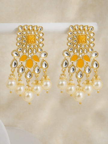Karatcart Gold Plated Yellow and Pearl Studded Kundan Dangler Earrings for Women