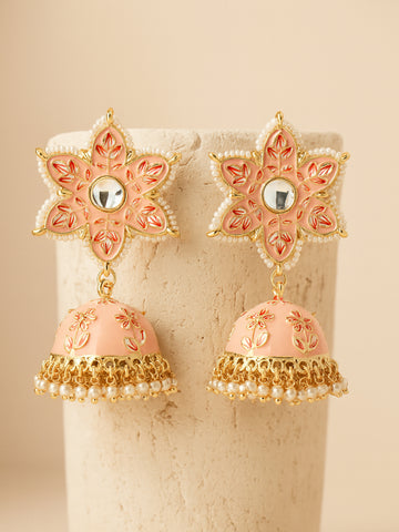 Karatcart Gold Plated Peach Meena Floral Shape Kundan Jhumki Earrings for Women