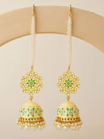 Karatcart Gold Plated Floral Design Pearl Studded Yellow Meena Kaanchain Jhumki Earrings for Women