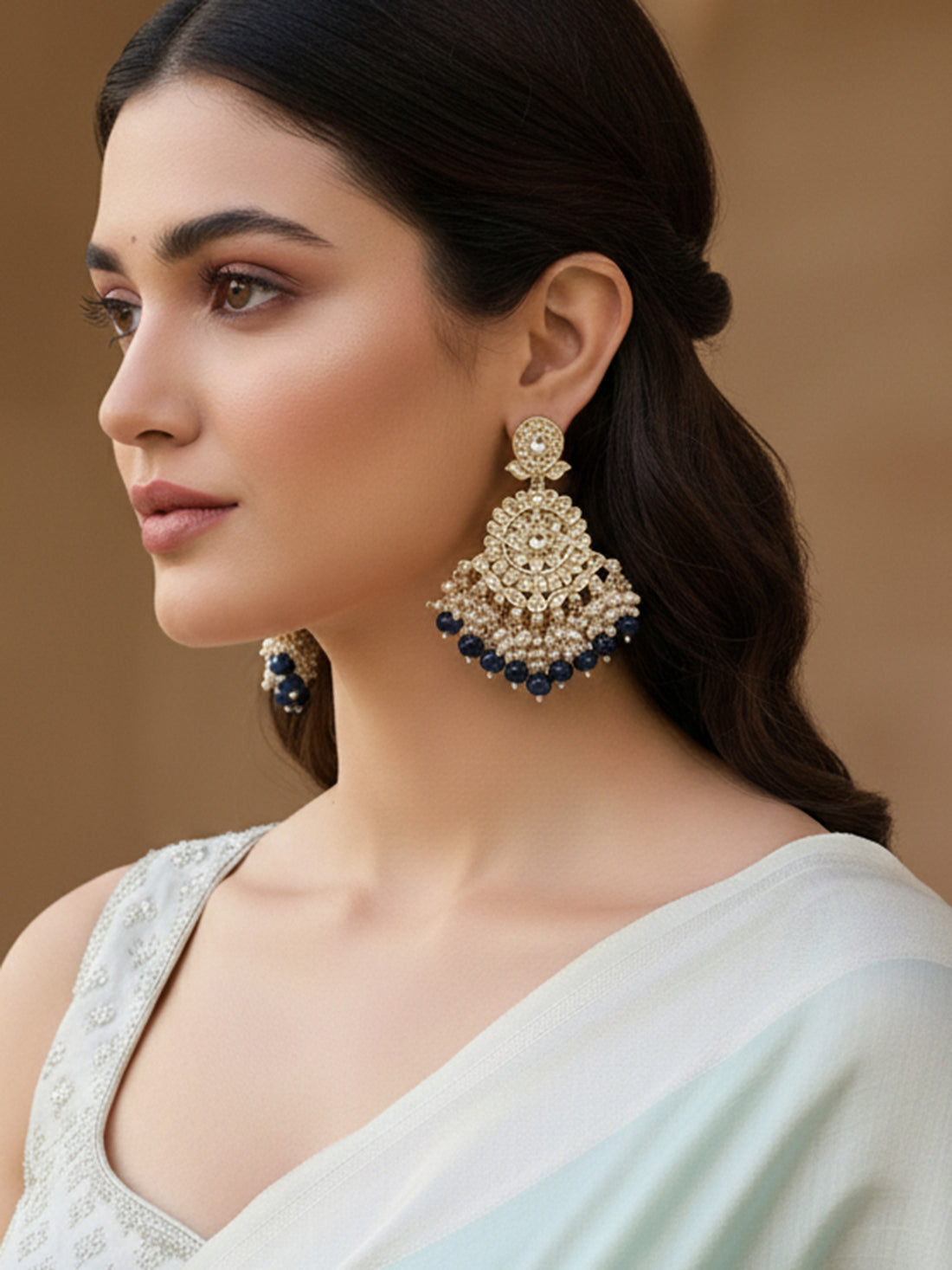 Karatcart Gold Plated Blue Beads and Pearl Studded Kundan Dangler Earrings for Women