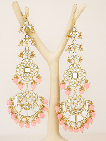 Karatcart Gold Plated Pink Beads Mirror Studded Kaanchain Earrings for Women