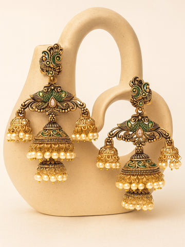 Karatcart Gold Plated Green Meena Double Jhumki Earrings for Women