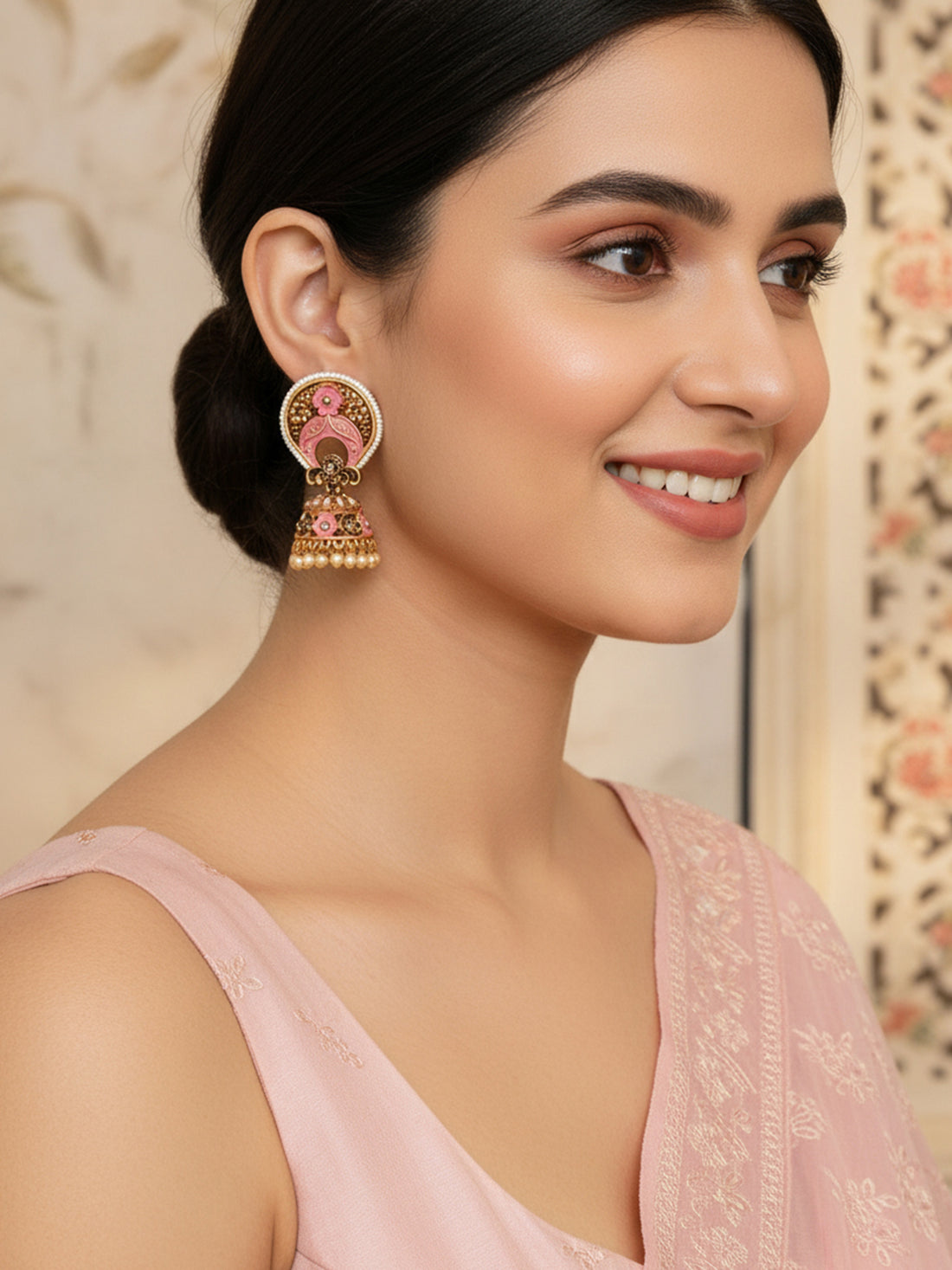 Karatcart Antique Gold Plated White Beaded Pink Floral Jhumki Earrings for Women