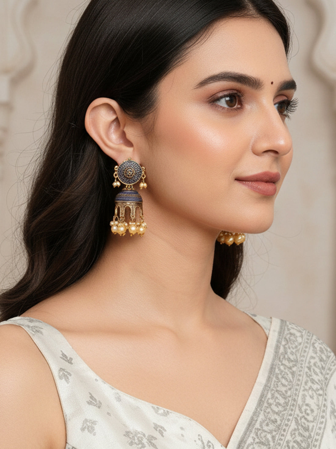 Karatcart Antique Gold Plated Navy Blue Tomb Style with Golden Pearl Jhumki Earrings for Women