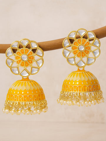 Karatcart Gold Plated Yellow Meena Kunda Studded Jhumki Earrings for Women