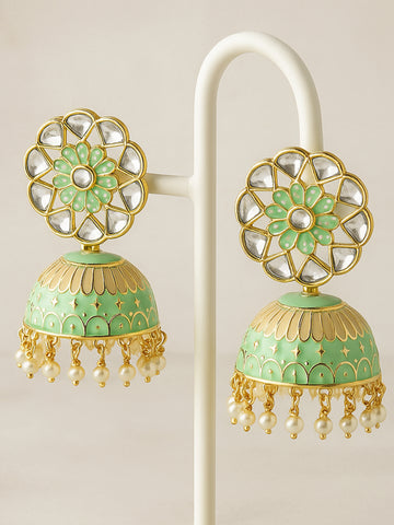 Karatcart Gold Plated Lime Green Meena Kunda Studded Jhumki Earrings for Women