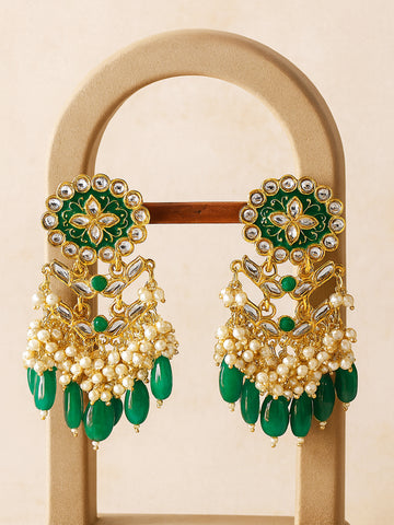 Karatcart Gold Plated Kundan Studded Green Meena and Tumble Dangler Earrings for Women