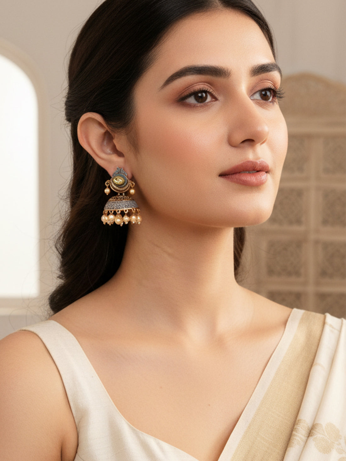 Karatcart Antique Gold Plated Polki Kundan Studded Grey Meena Jhumki Earrings for Women