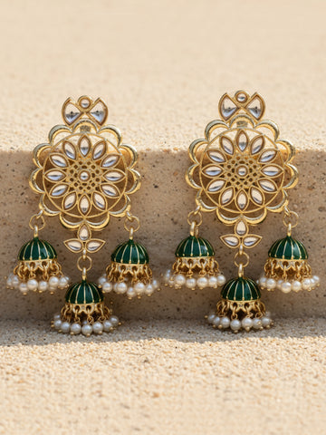 Karatcart Gold Plated Kundan Studded Green Meena Triple Jhumki Earrings for Women
