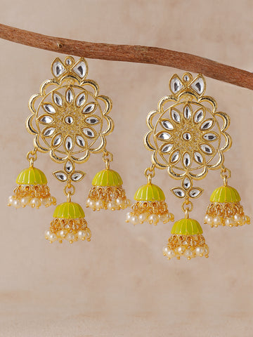 Karatcart Gold Plated Kundan Studded Light Green Meena Triple Jhumki Earrings for Women