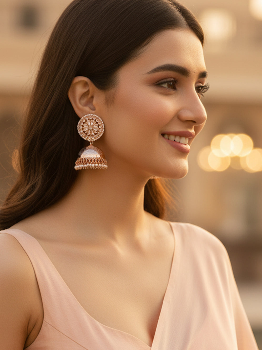 Karatcart Rose Gold Plated Kundan Studded Jhumki Earrings for Women