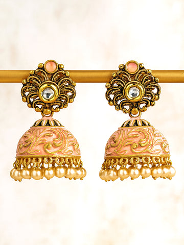 Karatcart Gold Plated Peach Meena Golden Pearl Jhumki Earrings for Women