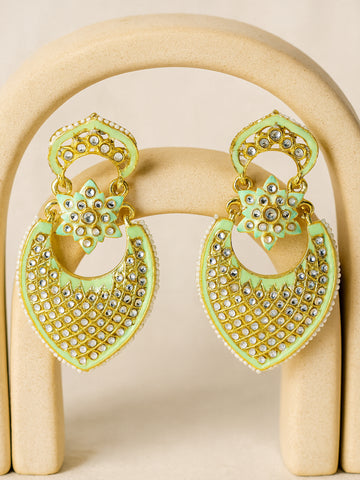 Karatcart Gold Plated Lime Green Meena Drop Shape Kundan Drop Earrings for Women