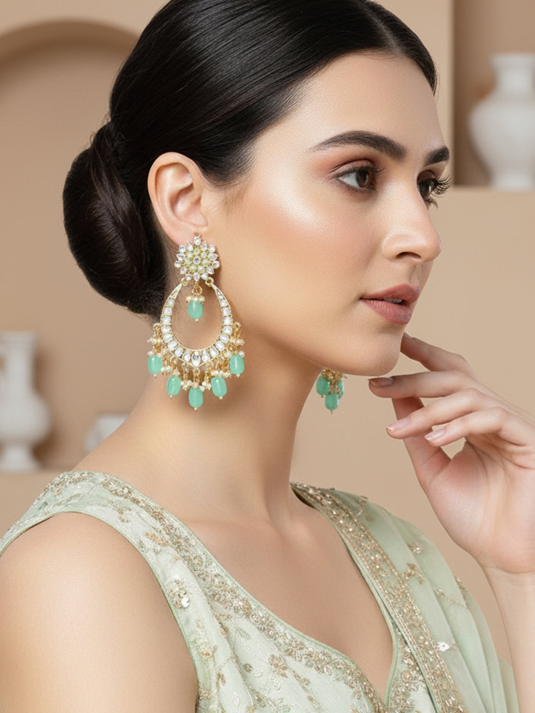 Karatcart Gold Plated Mirror and Light Green Tumble Studded Dangler Earrings for Women