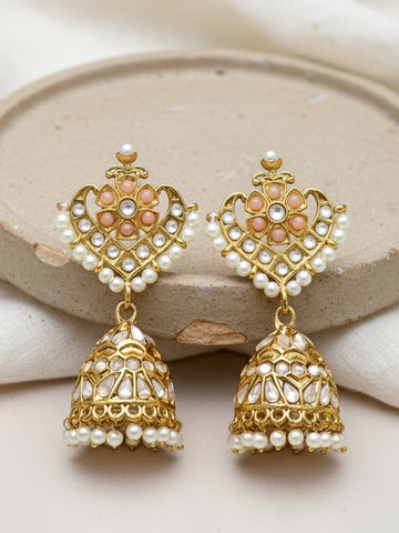 Karatcart Gold Plated Floral Design Peach Kundan Studded Jhumki Earrings for Women