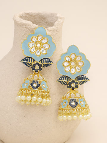 Karatcart Gold Plated Floral Design Blue Meena Jhumki Earrings for Women