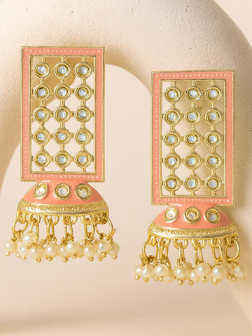 Karatcart Gold Plated Pink Meena Kundan Drop Earrings for Women