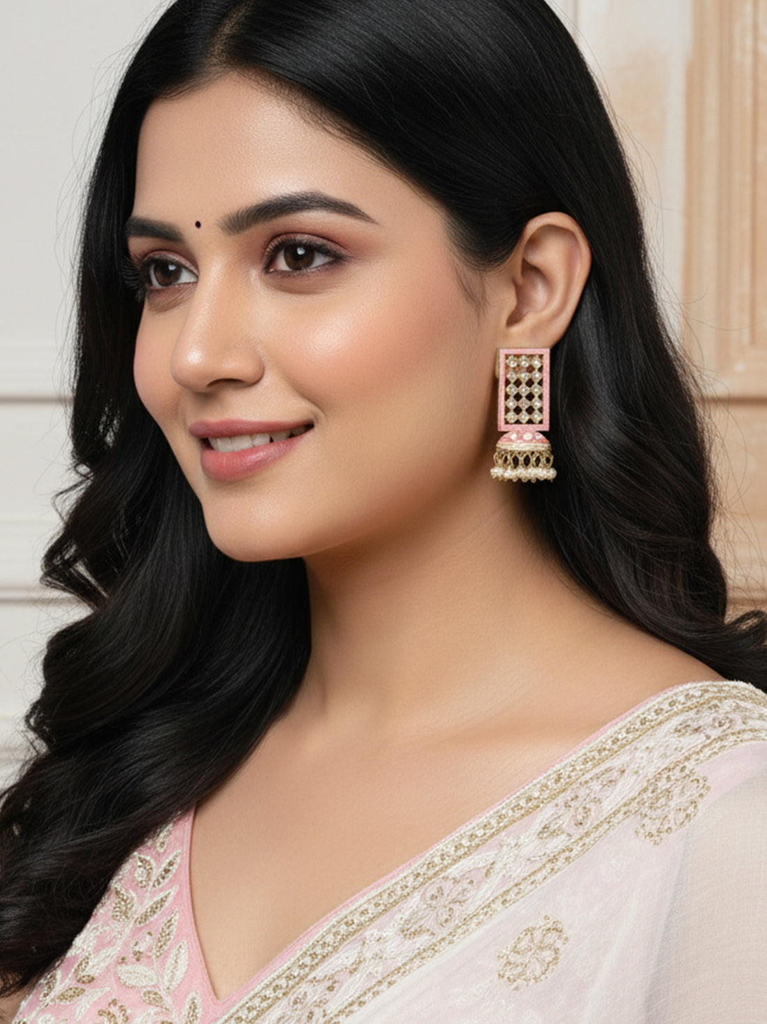 Karatcart Gold Plated Pink Meena Kundan Drop Earrings for Women