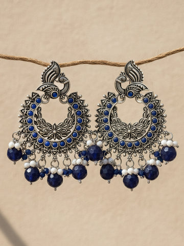 Karatcart Oxidised Silver Peacock Design Blue Beads and Kundan Dangler Earrings for Women