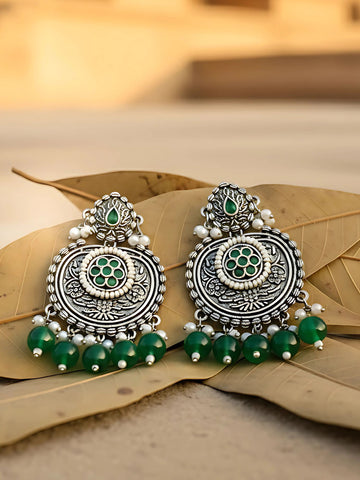 Karatcart Oxidised Silver Green Beads Floral Drop Earrings for Women