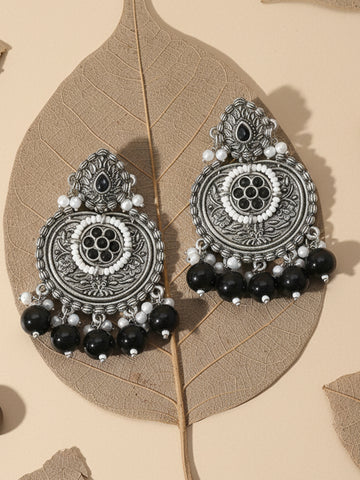Karatcart Oxidised Silver Black Beads Floral Drop Earrings for Women