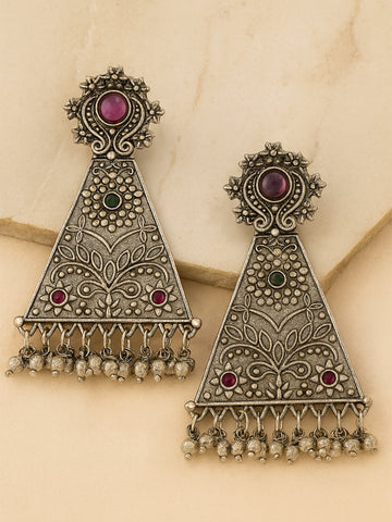 Karatcart Oxidised Silver Red and Green Stone Floral Design Drop Earring for Women