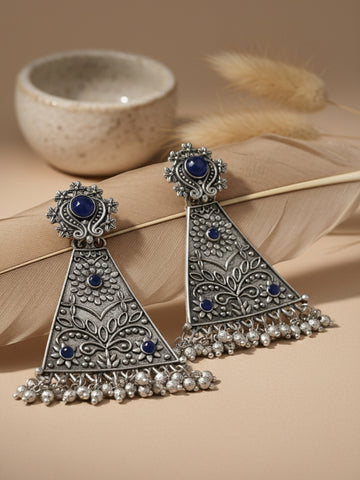 Karatcart Oxidised Silver Blue Stone Floral Design Drop Earring for Women