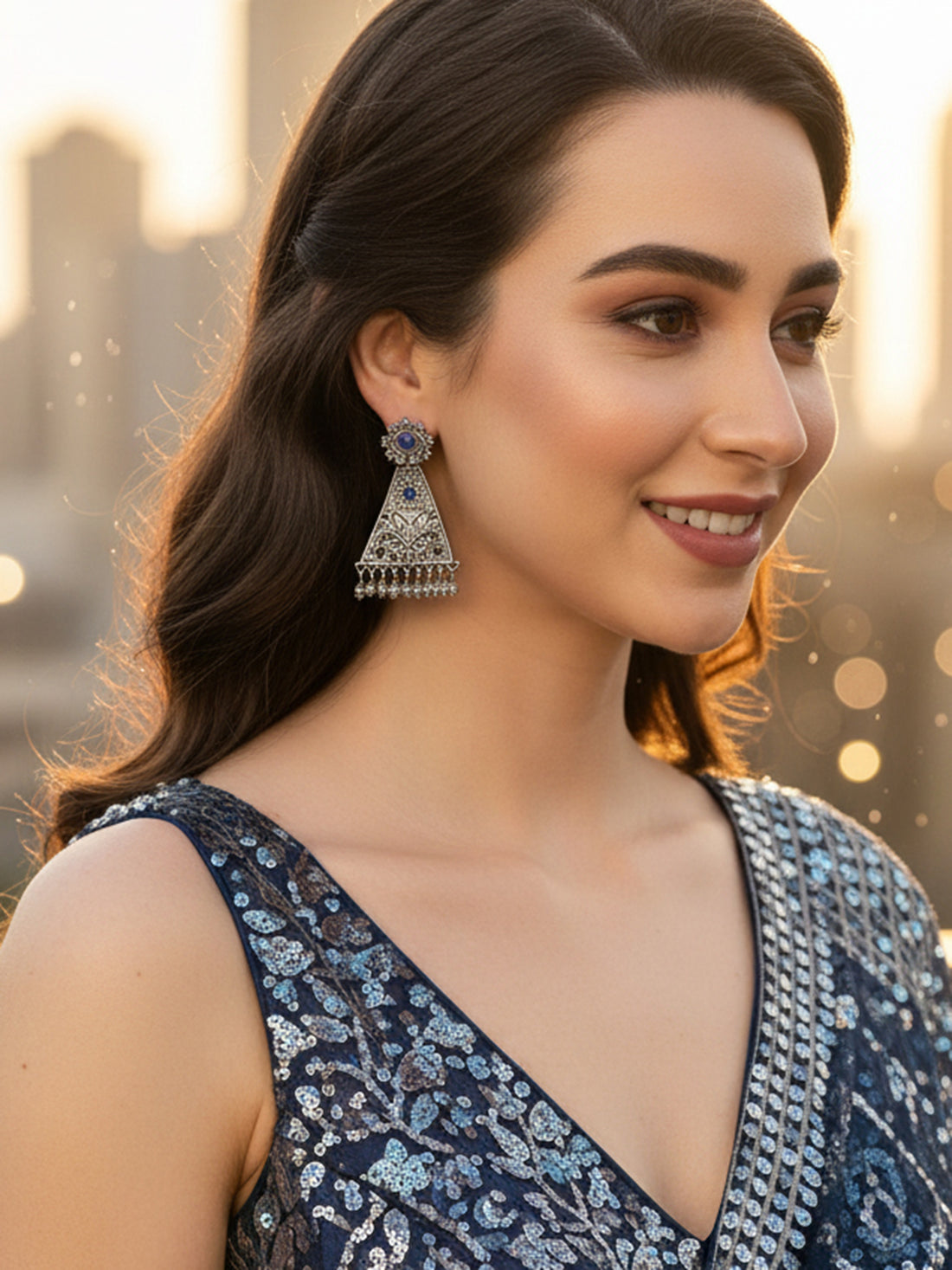 Karatcart Oxidised Silver Blue Stone Floral Design Drop Earring for Women