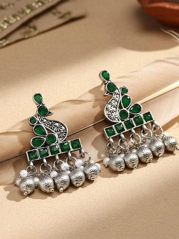 Karatcart Oxidised Silver Peacock Design Green Stone Drop Earring for Women