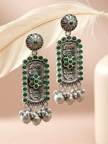 Karatcart Oxidised Silver Floral Green Stone Drop Earring for Women