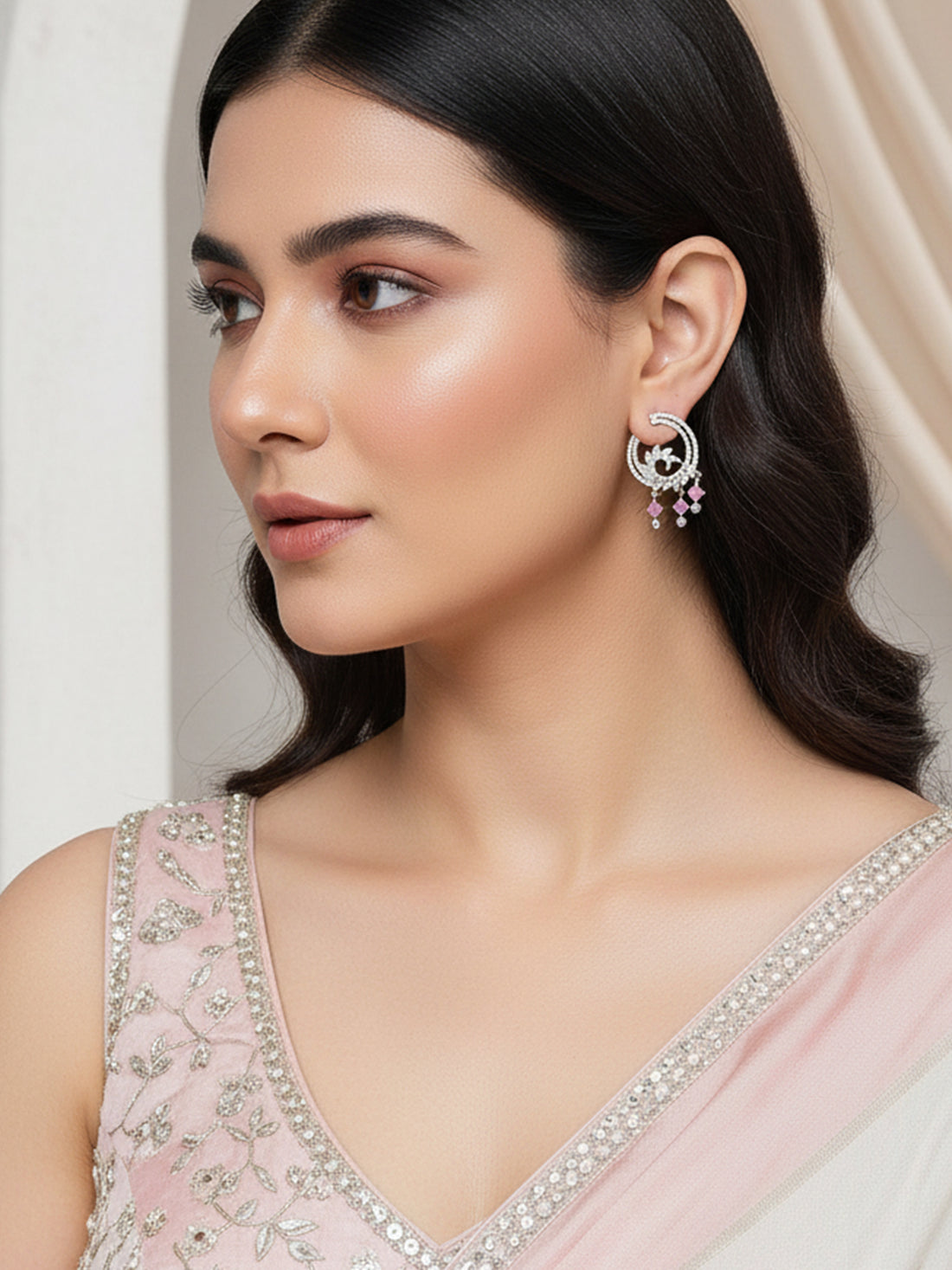 Karatcart Silver Plated Pink Cubic Zirconia Drop Earrings for Women
