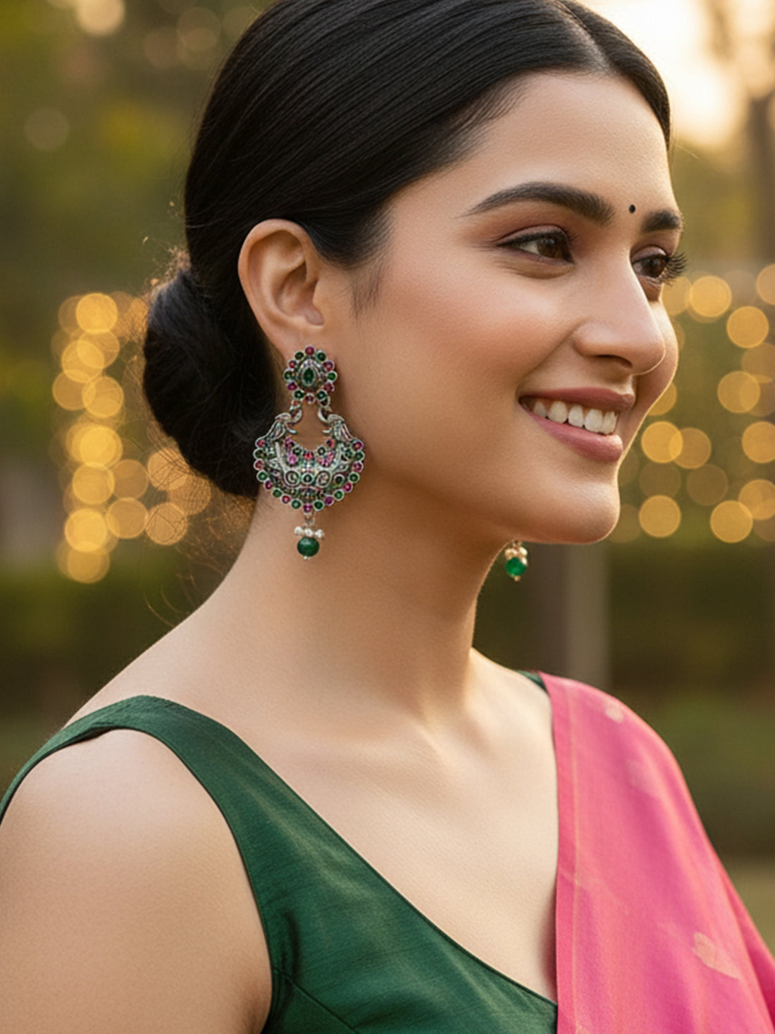 Karatcart Oxidised Silver Drop Shape Peacock Purple and Green Stone Dangler Earring for Women