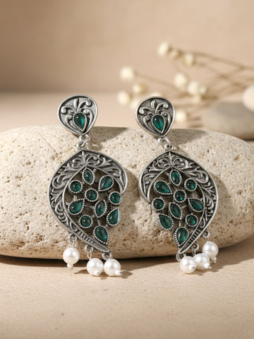 Karatcart Oxidised Silver Green Stone Drop Earring for Women