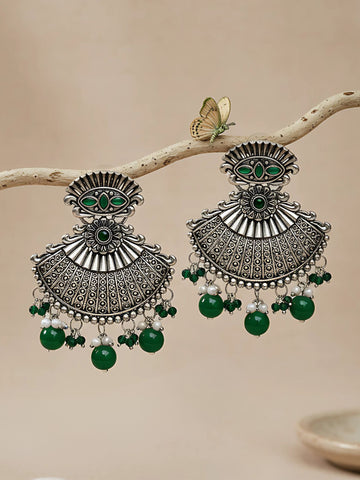 Karatcart Oxidised-Silver Green Stone Dangler Earring for Women