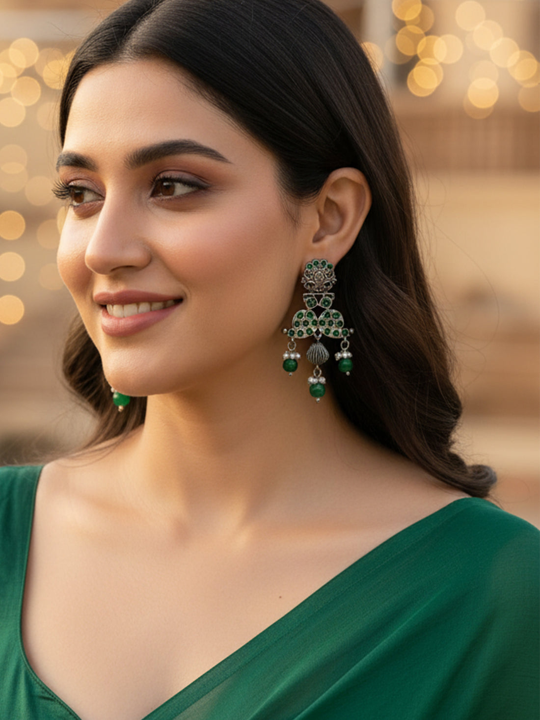 Karatcart Oxidised Silver Green Dangler Earring for Women