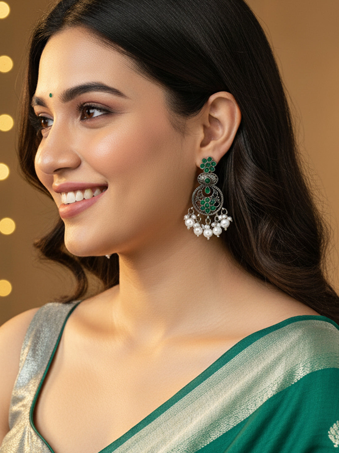 Karatcart Oxidised Silver Green Stone and Pearl Dangler Earring for Women