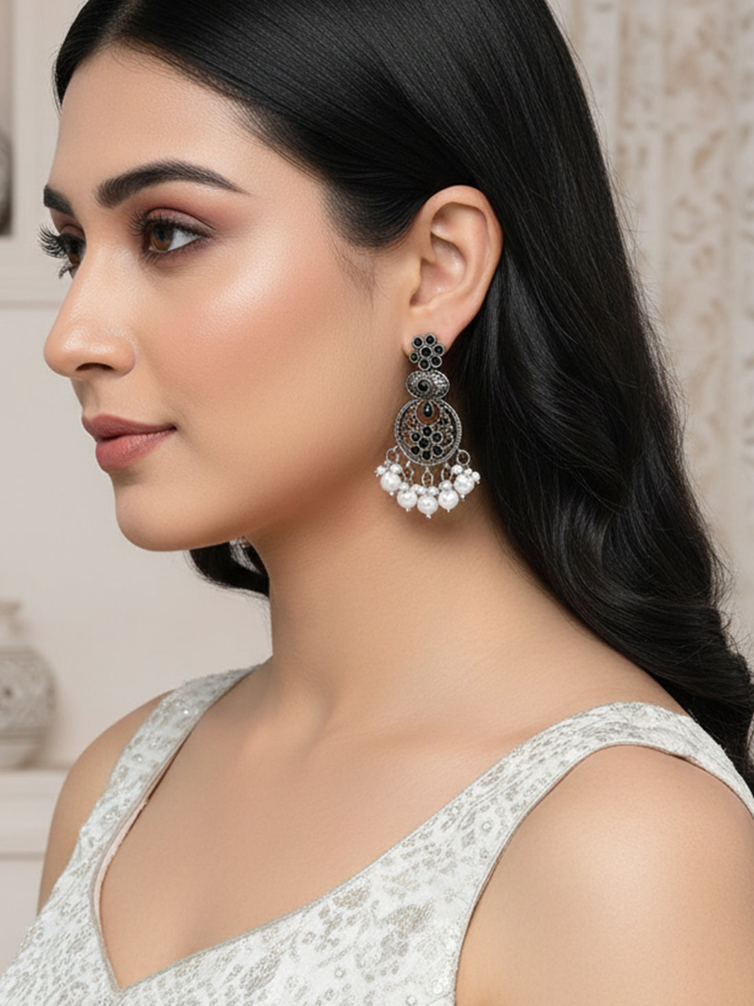 Karatcart Oxidised Silver Black Stone and Pearl Dangler Earring for Women