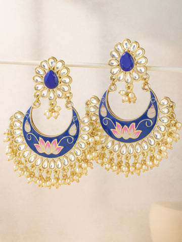 Karatcart Gold Plated Lotus Design Royal Blue Meena Kundan Dangler Earrings for Women