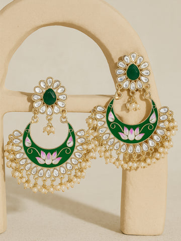 Karatcart Gold Plated Lotus Design Green Meena Kundan Dangler Earrings for Women