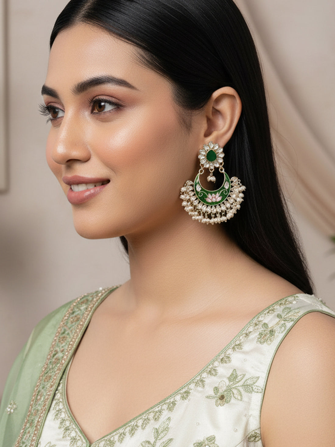 Karatcart Gold Plated Lotus Design Green Meena Kundan Dangler Earrings for Women