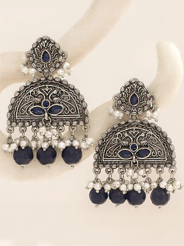 Karatcart Oxidised Silver Blue Beads Peacock Design Dangler Earrings for Women