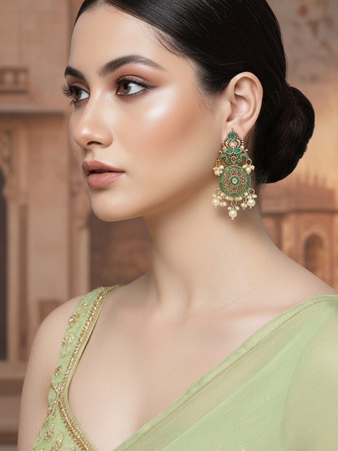 Karatcart Gold Plated Green Meena Kundan Dangler Earrings for Women