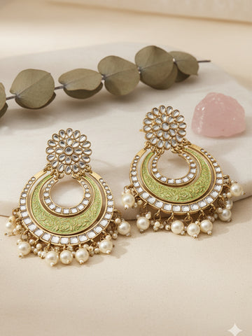 Karatcart Gold Plated Light Green Meena Kundan Chandbali Earrings for Women