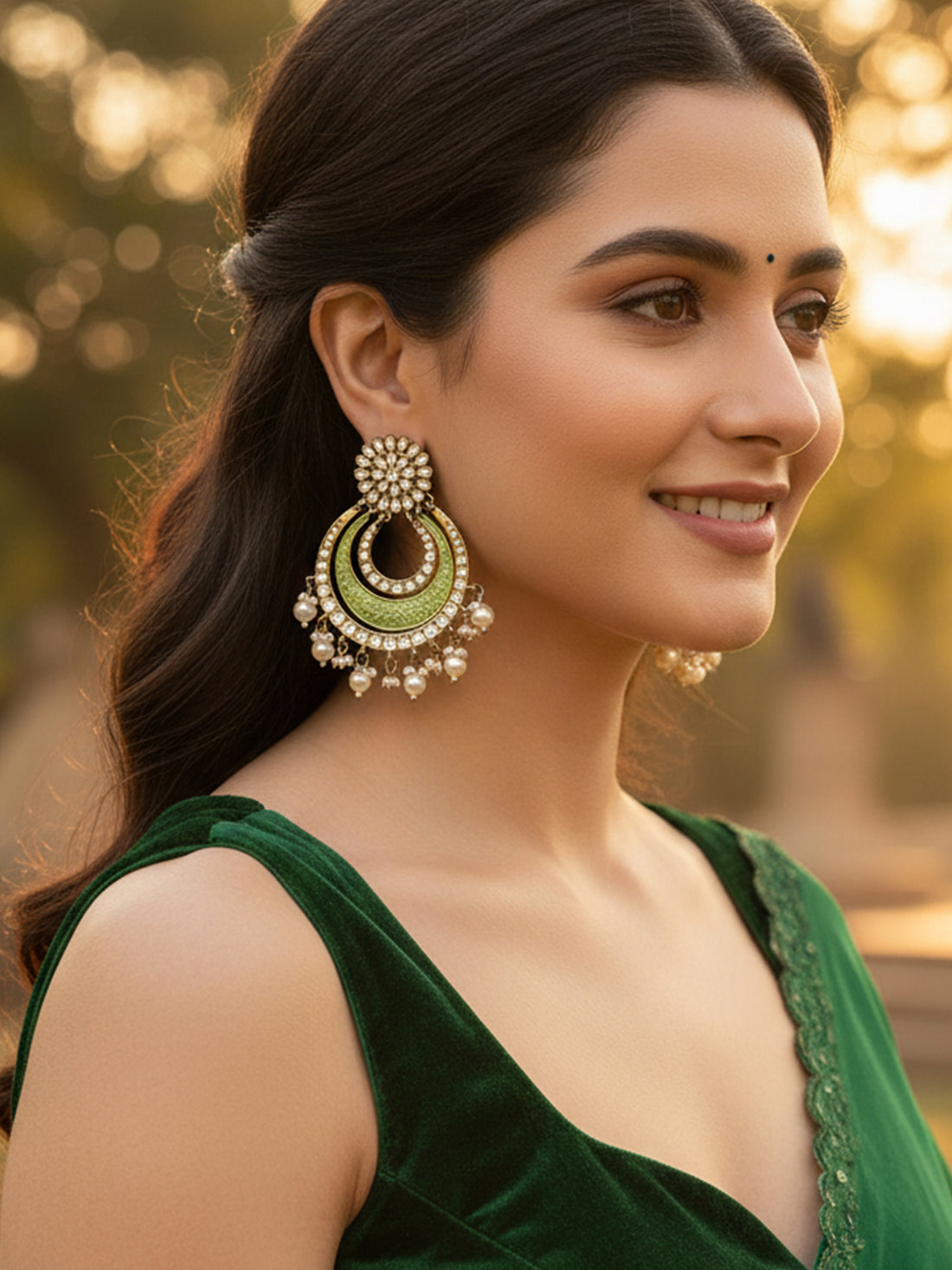 Karatcart Gold Plated Light Green Meena Kundan Chandbali Earrings for Women