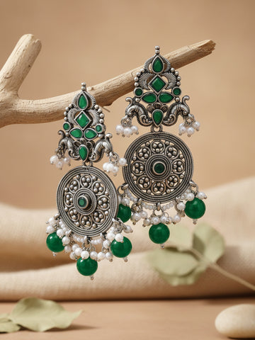 Karatcart Oxidised Silver Green Stone Chakra Design Dangler Earrings for Women