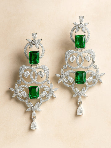 Karatcart Silver Plated Green Cubic Zirconia Studded Drop Earrings for Women
