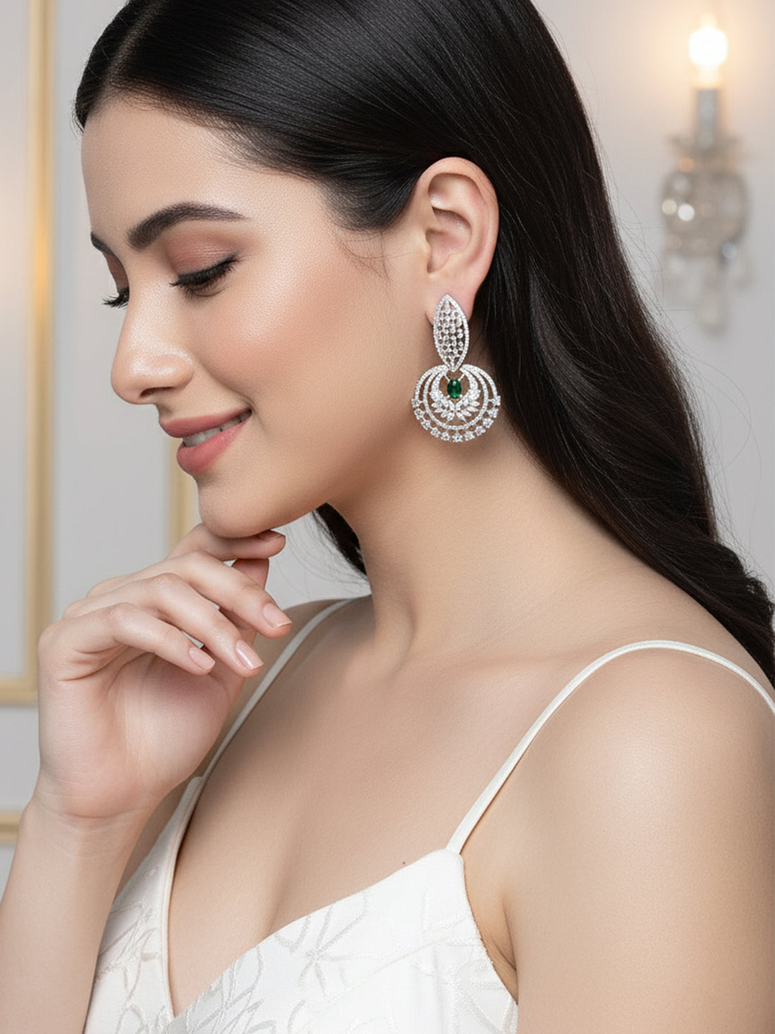 Karatcart Silver-Plated Green Cubic Zirconia Studded Drop Earrings for Women