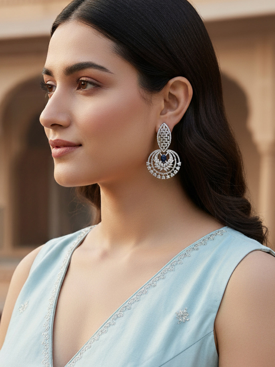 Karatcart Silver-Plated Blue Cubic Zirconia Studded Drop Earrings for Women