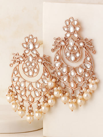 Karatcart Rose Gold Plated Pearl & Kundan Studded Dangler Earrings for Women